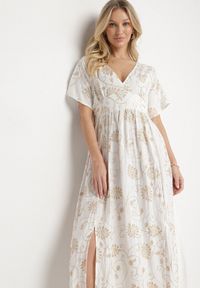 Born2be - Biała Wiskozowa Sukienka z Metaliczną Nicią i Haftem Nelvesia. Okazja: na co dzień. Kolor: biały. Materiał: wiskoza. Wzór: haft. Sezon: wiosna. Styl: klasyczny, casual, elegancki #4