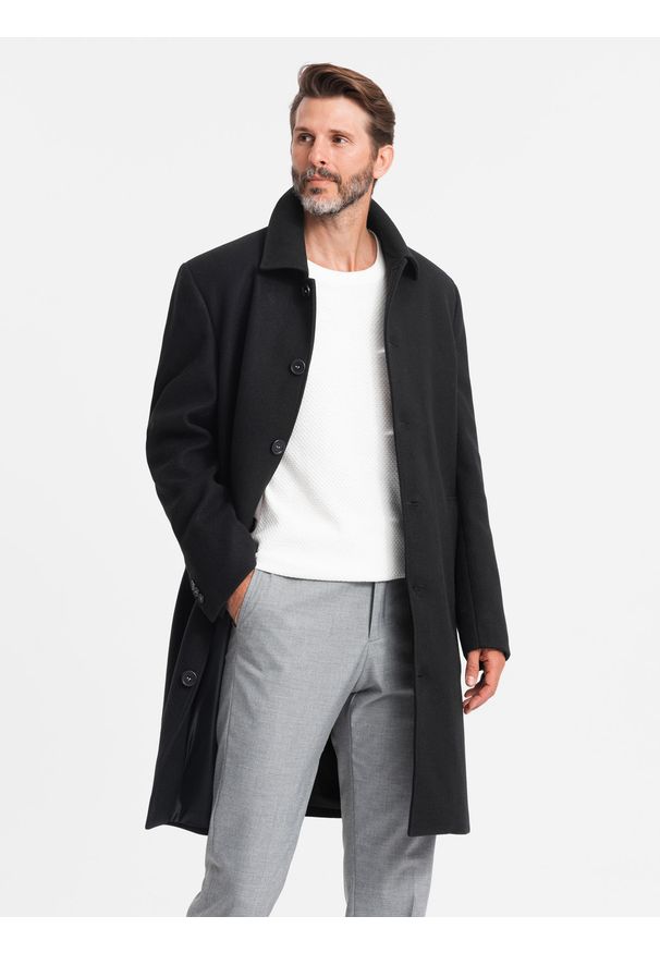 Ombre Clothing - Męski długi jednorzędowy płaszcz z kołnierzykiem i podpinką – czarny V1 - Rozmiar: M. Okazja: na co dzień. Typ kołnierza: kołnierzyk koszulowy, komin. Kolor: czarny. Materiał: wiskoza, poliester, materiał, syntetyk. Długość: długie. Wzór: jednolity. Styl: elegancki, casual, wizytowy