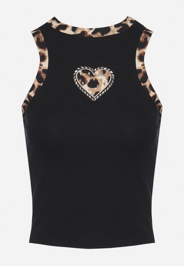 Born2be - Czarny Bawełniany Top z Serduszkiem i Panterkowym Wzorem Ninavita. Okazja: na co dzień, na spacer. Kolor: czarny. Materiał: bawełna. Styl: elegancki, casual