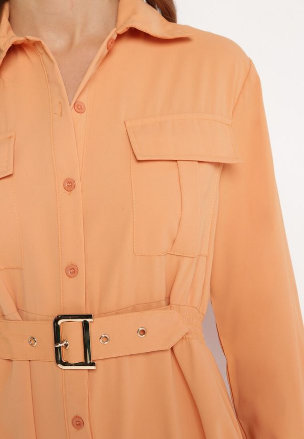 Born2be - Pomarańczowa Sukienka Koszulowa z Paskiem z Klamrą Unebia. Kolor: pomarańczowy. Typ sukienki: koszulowe