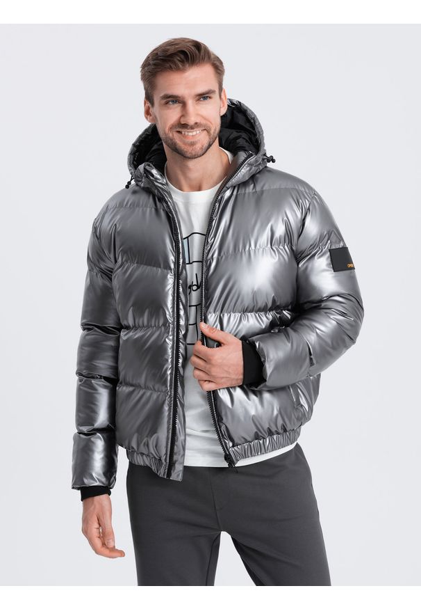 Ombre Clothing - Kurtka męska puffer błyszcząca z kapturem - grafitowa V2 - Rozmiar: S. Typ kołnierza: kaptur. Kolor: szary. Materiał: nylon, poliester, materiał