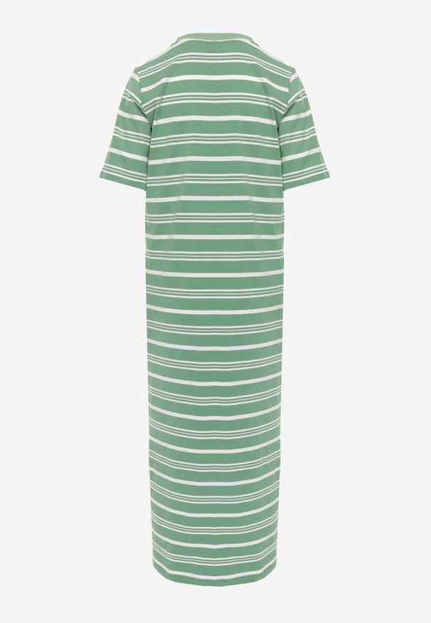 Born2be - Biało-Zielona Pudełkowa Sukienka z Bawełny w Poziome Paski Diove. Okazja: do pracy, na co dzień, na spacer. Kolor: biały. Materiał: bawełna. Wzór: paski. Typ sukienki: proste. Styl: klasyczny, casual