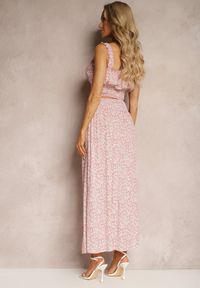Renee - Różowy Bawełniany Komplet Top na Ramiączkach Spódnica z Ozdobnymi Guzikami i Gumką w Pasie Elasea. Kolor: różowy. Materiał: bawełna #5