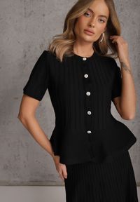 Renee - Czarny Komplet z Wiskozą Bluzka z Guzikami i Baskinką i Spódnica Narinna. Kolor: czarny. Materiał: wiskoza #6