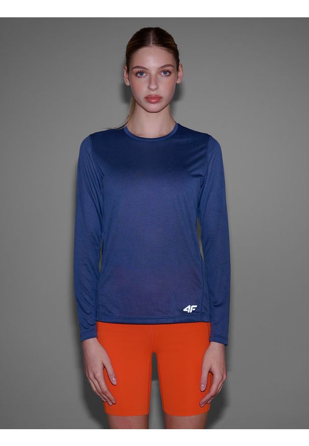4f - 4F Longsleeve do biegania szybkoschnący damski - granatowy XL. Kolor: niebieski. Materiał: dzianina, włókno, materiał, syntetyk. Długość rękawa: długi rękaw. Długość: krótkie. Wzór: gładki, ze splotem. Sport: fitness, bieganie