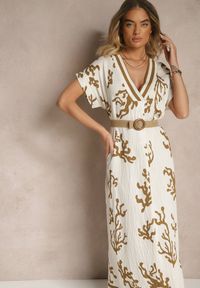 Renee - Brązowo-Beżowa Pudełkowa Sukienka z Wiskozą i Lnem Sadeone. Okazja: na co dzień. Kolor: brązowy. Materiał: wiskoza, len. Styl: casual, elegancki