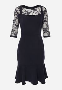 Renee - Granatowa Sukienka VICES o Taliowanym Kroju z Rękawami z Koronki Metirei. Kolor: niebieski. Materiał: koronka. Wzór: koronka. Styl: elegancki #7