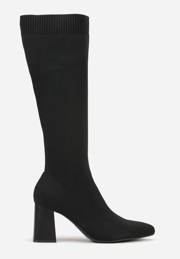 Born2be - Czarne Eleganckie Kozaki VICES na Słupku ze Skarpetkową Cholewką Mialles. Okazja: na co dzień, do pracy, na spotkanie biznesowe. Kolor: czarny. Materiał: jeans. Szerokość cholewki: normalna. Obcas: na słupku. Styl: elegancki. Wysokość obcasa: średni