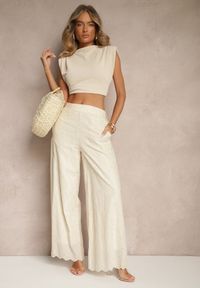 Renee - Beżowe Bawełniane Haftowane Spodnie High Waist o Szerokim Kroju Milirelia. Okazja: na co dzień. Stan: podwyższony. Kolor: beżowy. Materiał: bawełna. Wzór: haft. Styl: casual