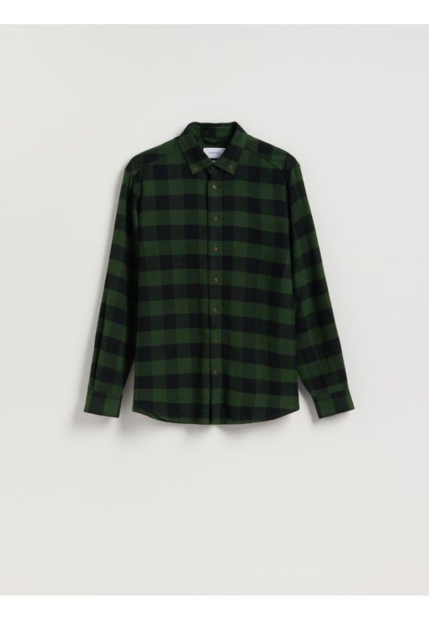 Reserved - Koszula regular fit w kratę - zielony. Kolor: zielony. Materiał: tkanina, bawełna