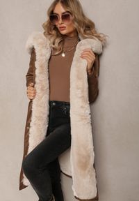 Renee - Brązowa Długa Kurtka Parka Nylonowa Płaszcz z Futrzanymi Wstawkami Rinale. Kolor: brązowy. Materiał: nylon, futro. Długość: długie #3