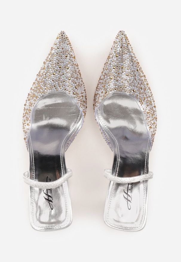 Renee - Srebrne Szpilki z Odkrytą Piętą i Transparentnym Noskiem z Cyrkoniami Kalinata. Okazja: na co dzień. Kolor: srebrny. Materiał: jeans, koronka. Wzór: aplikacja. Obcas: na szpilce. Styl: klasyczny, casual, wizytowy