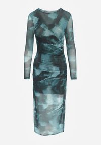 Renee - Zielona Dopasowana Sukienka Siateczkowa Maxi z Rozcięciem i Marszczeniem Soininen. Kolor: zielony. Materiał: tkanina. Wzór: nadruk. Typ sukienki: dopasowane. Styl: elegancki. Długość: maxi #4