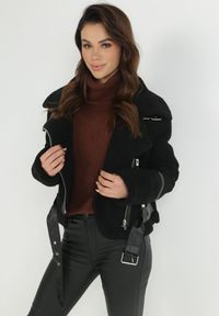 Born2be - Czarna Kurtka Biker z Imitacji Zamszu i Kożuszka Ves. Kolor: czarny. Materiał: zamsz #5