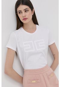 Elisabetta Franchi t-shirt bawełniany kolor biały. Okazja: na co dzień. Kolor: biały. Materiał: bawełna. Wzór: haft. Styl: casual