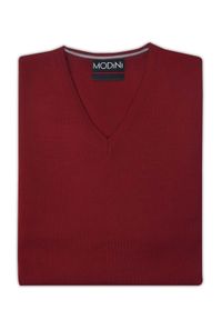 Modini - Bordowy sweter męski w szpic/serek SW77. Kolor: czerwony. Materiał: akryl, wełna, materiał #1