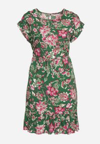 Born2be - Zielona Bawełniana Sukienka w Kwiaty o Pudełkowym Fasonie ze Sznurkiem w Talii Risallise. Okazja: na spacer, na imprezę. Kolor: zielony. Materiał: bawełna. Długość rękawa: krótki rękaw. Wzór: kwiaty. Styl: wizytowy, retro #6