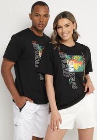 Born2be - Czarna Koszulka T-shirt z Bawełny z Ozdobnym Nadrukiem Savenelle. Kolor: czarny. Materiał: bawełna. Wzór: nadruk. Styl: klasyczny, elegancki