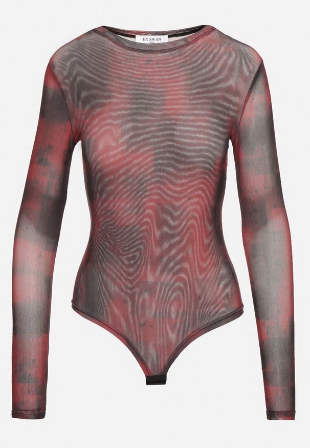 Born2be - Bordowe Body Siateczkowe z Delikatnym Printem Hotavia. Okazja: na co dzień. Kolor: czerwony. Materiał: jeans, wiskoza. Długość rękawa: długi rękaw. Długość: długie. Wzór: nadruk. Styl: elegancki, casual