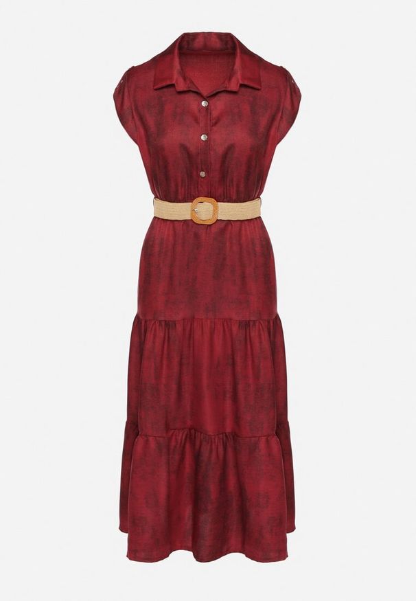 Born2be - Bordowa Sukienka Ozdobiona Plecionym Paskiem i Guzikami Filianea. Okazja: na co dzień. Kolor: czerwony. Materiał: jeans. Wzór: aplikacja. Styl: elegancki, casual