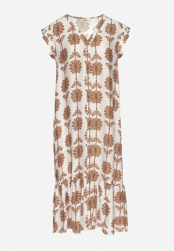 Born2be - Biało-Beżowa Kwiatowa Sukienka z Bawełną i Falbanką Efanelia. Okazja: na spacer, na imprezę. Typ kołnierza: dekolt w serek. Kolor: beżowy. Materiał: bawełna. Wzór: kwiaty. Sezon: wiosna, lato. Typ sukienki: proste. Styl: elegancki