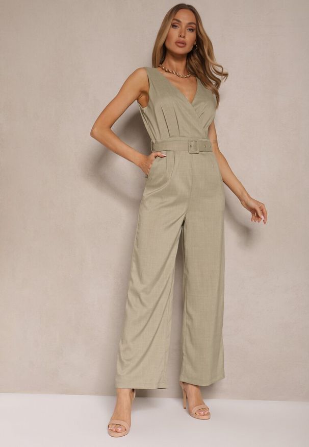 Renee - Jasnozielony Kombinezon z Długimi Spodniami Kopertowy z Paskiem w Talii Ronasia. Okazja: na co dzień. Kolor: zielony. Długość: długie. Styl: casual, elegancki, wizytowy