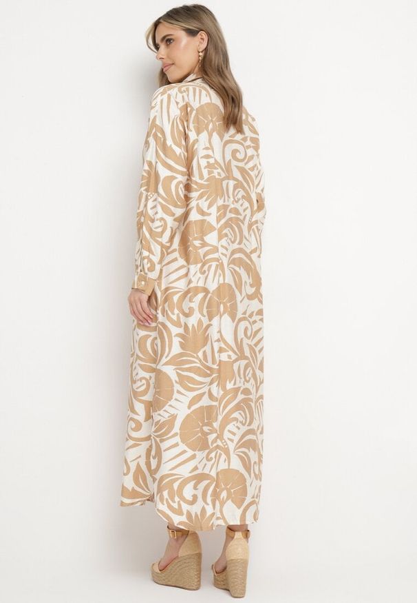 Born2be - Beżowa Sukienka Szmizjerka Zapinana na Guziki z Falbanką Lavernia. Okazja: na co dzień, na randkę. Typ kołnierza: kołnierz z falbankami, dekolt w kształcie V. Kolor: beżowy. Materiał: jeans, wiskoza, materiał. Długość rękawa: długi rękaw. Typ sukienki: szmizjerki. Styl: casual, klasyczny, elegancki