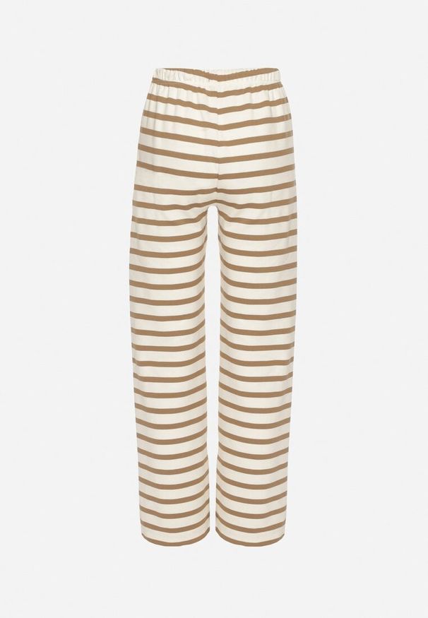 Born2be - Beżowe Spodnie Dresowe z Bawełną o Szerokim Kroju w Paski Fenorila. Okazja: na spacer, na co dzień. Kolor: beżowy. Materiał: dresówka, bawełna. Wzór: paski. Styl: elegancki, casual