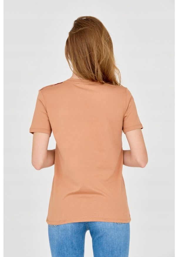 Balmain - BALMAIN Brązowy damski t-shirt z guzikami, Rozmiar M. Kolor: brązowy. Materiał: bawełna