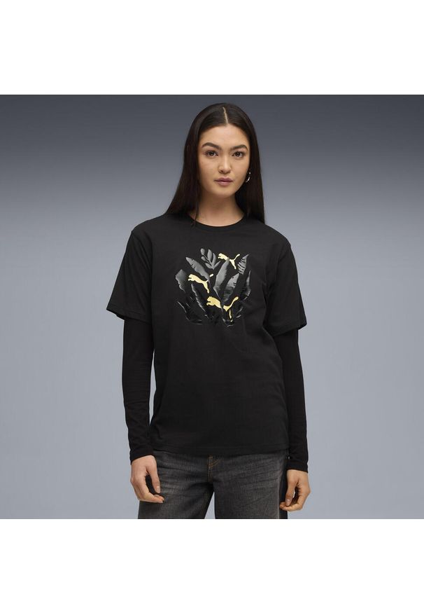 Puma - Damska koszulka o luźnym kroju z grafiką liści PUMA. Kolor: żółty, czarny, wielokolorowy. Sport: bieganie