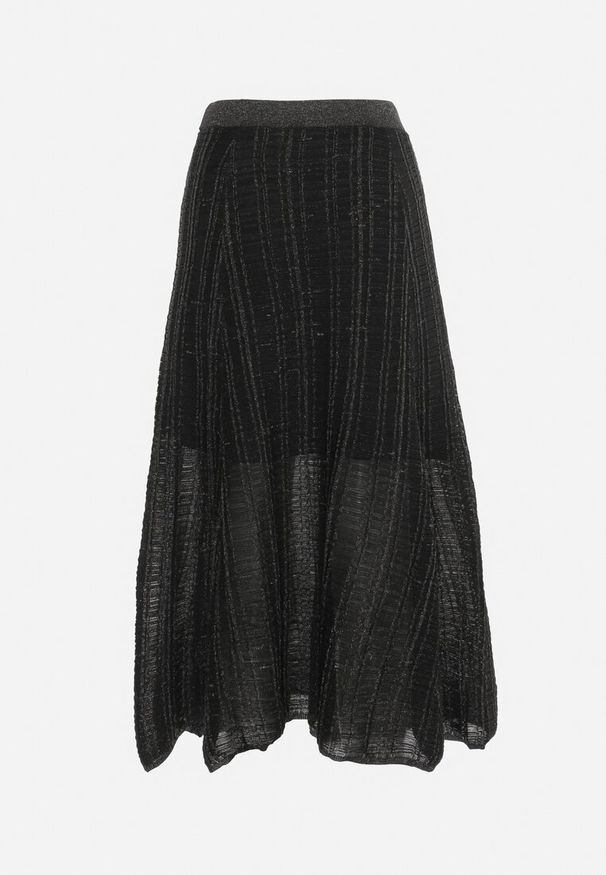 Born2be - Czarna Spódnica z Ozdobnym Tłoczeniem Błyszczącą Nicią i Gumką w Pasie Pirlena. Kolor: czarny. Materiał: tkanina. Wzór: aplikacja. Styl: elegancki