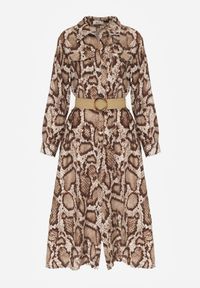 Born2be - Brązowa Sukienka Koszulowa z Wiskozą Zdobiona Paskiem i Wzorem w Węża Delane. Okazja: na co dzień. Kolor: brązowy. Materiał: wiskoza. Wzór: aplikacja. Typ sukienki: koszulowe. Styl: casual, elegancki #2