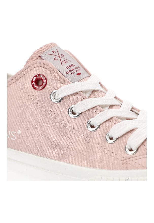 Różowe Trampki Cross Jeans Damskie Modne Obuwie. Okazja: na uczelnię. Kolor: różowy. Materiał: materiał. Szerokość cholewki: normalna. Wzór: napisy, aplikacja, gładki. Styl: sportowy