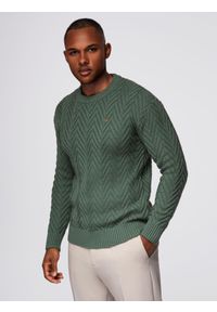 Ombre Clothing - Męski sweter z dzianiny o zygzakowym splocie – zgaszona zieleń V2. Okazja: na co dzień, do pracy. Kolor: zielony. Materiał: dzianina. Wzór: ze splotem. Styl: casual #1