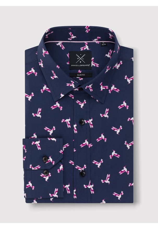 Pako Lorente - PAKO LORENTE – Granatowa koszula w kolibry. Okazja: na co dzień. Kolor: niebieski. Materiał: jeans, bawełna, elastan. Styl: casual