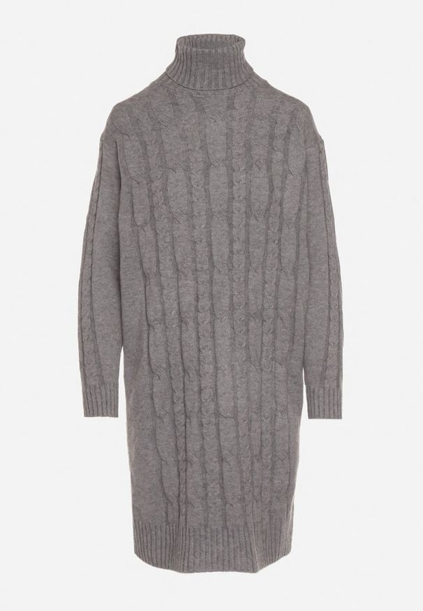 Born2be - Szara Sweterkowa Sukienka z Golfem Wełną i Bawełną Ozdobiona Splotem Reiania. Okazja: na co dzień, do pracy, na spotkanie biznesowe. Typ kołnierza: golf. Kolor: szary. Materiał: wełna, bawełna. Wzór: aplikacja, ze splotem. Typ sukienki: proste. Styl: biznesowy, casual