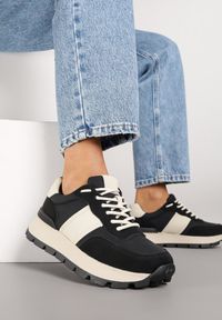 Born2be - Czarno-Beżowe Sneakersy na Grubej Podeszwie Ellitte. Okazja: na co dzień. Kolor: czarny. Materiał: jeans