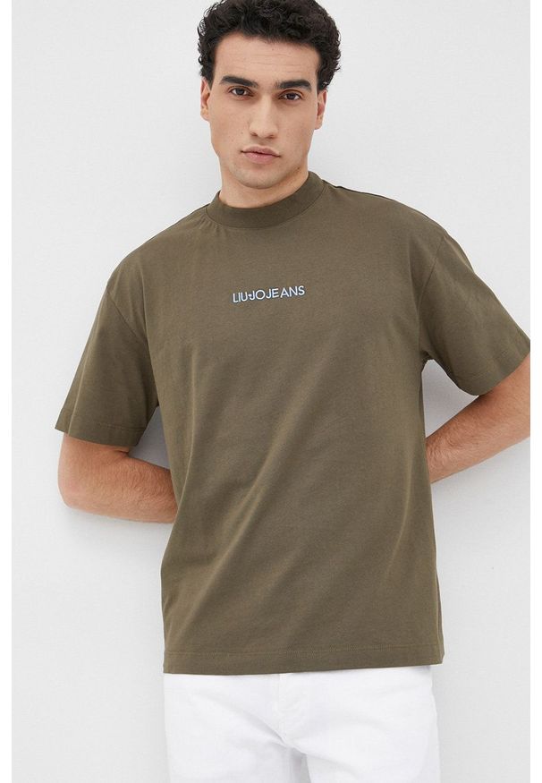 Liu Jo t-shirt bawełniany męski kolor zielony z aplikacją. Kolor: zielony. Materiał: bawełna. Wzór: aplikacja