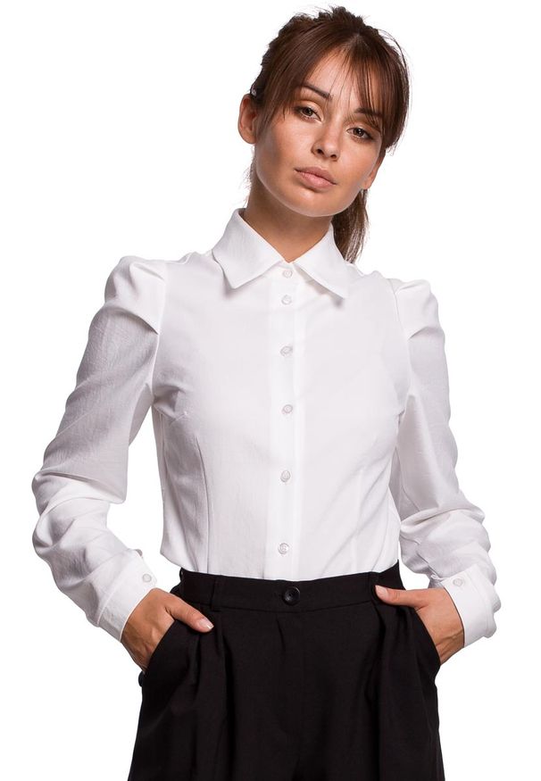 MOE - Biała Klasyczna Koszula z Bufiastymi Rękawami. Kolor: biały. Materiał: poliester, len. Styl: klasyczny