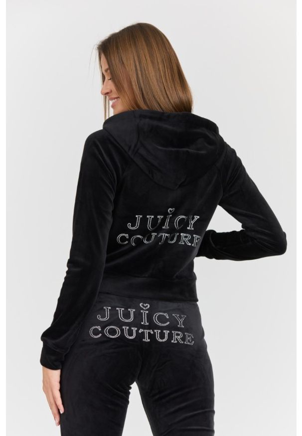 Juicy Couture - JUICY COUTURE Damska czarna bluza Regal Madison Hoodie, Rozmiar M. Okazja: na co dzień. Kolor: czarny. Materiał: elastan, materiał, poliester. Długość rękawa: długi rękaw. Długość: długie. Styl: elegancki, casual