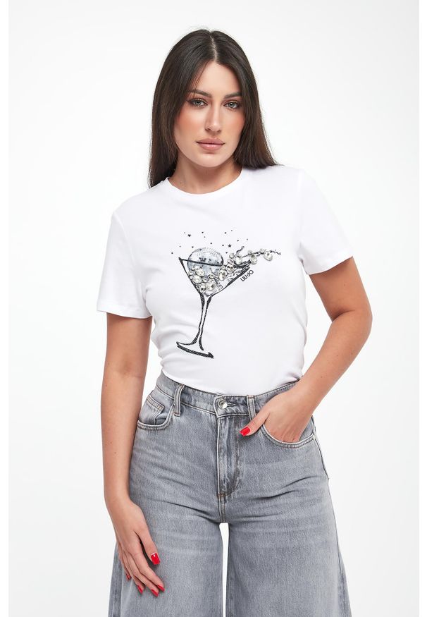 Liu Jo - T-shirt damski z nadrukiem i cyrkoniami LIU JO. Wzór: nadruk