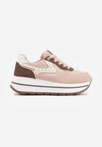 Renee - Różowe Sneakersy na Platformie z Tweedowym Zdobieniem i Perforacją Dioseleia. Okazja: na co dzień. Kolor: różowy. Materiał: jeans. Wzór: aplikacja. Obcas: na platformie #7