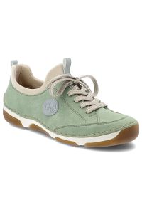 Półbuty damskie Rieker, cholewka skóra ekologiczna wsuwane niski fason zaokrąglony nosek kontrastowe elementy kolorystyczne pętla z tyłu masywna lini. Zapięcie: bez zapięcia. Kolor: zielony. Materiał: skóra ekologiczna. Szerokość cholewki: normalna #5