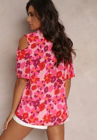 Renee - Fuksjowa Koszula Open Shoulder w Kwiatowy Print Veconda. Kolor: różowy. Wzór: nadruk, kwiaty #5