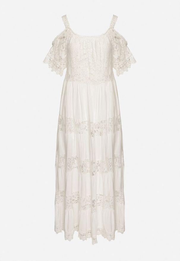 Born2be - Biała Rozkloszowana Wiskozowa Sukienka na Ramiączkach z Koronką Lerika. Okazja: na co dzień. Kolor: biały. Materiał: wiskoza, koronka. Długość rękawa: na ramiączkach. Wzór: koronka. Typ sukienki: rozkloszowane. Styl: casual, elegancki