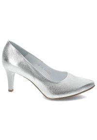 Srebrne Czółenka Clasicco Eleganckie Obuwie Damskie Na Obcasie. Kolor: srebrny. Materiał: skóra. Obcas: na obcasie. Styl: elegancki. Wysokość obcasa: średni #6