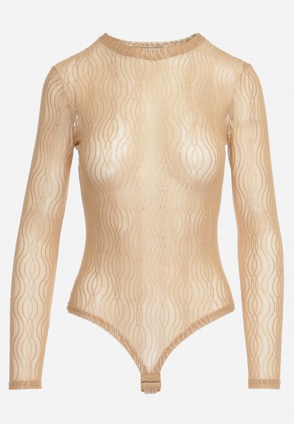 Born2be - Beżowe Siateczkowe Body z Okrągłym Dekoltem i Metalicznym Zdobieniem Jorunna. Kolor: beżowy. Wzór: aplikacja