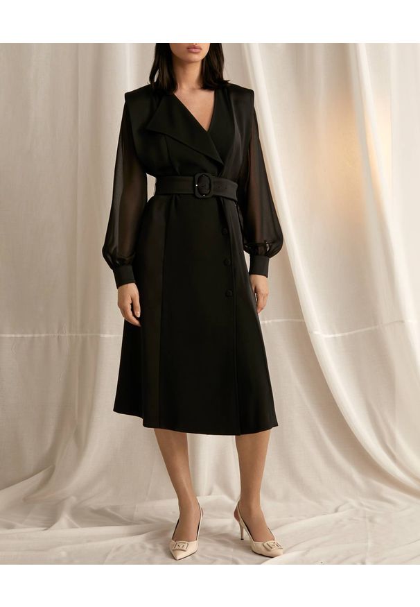 Marella - MARELLA - Czarna sukienka marynarkowa Fabbro. Kolor: czarny. Długość rękawa: długi rękaw. Typ sukienki: dopasowane, asymetryczne. Styl: klasyczny. Długość: midi
