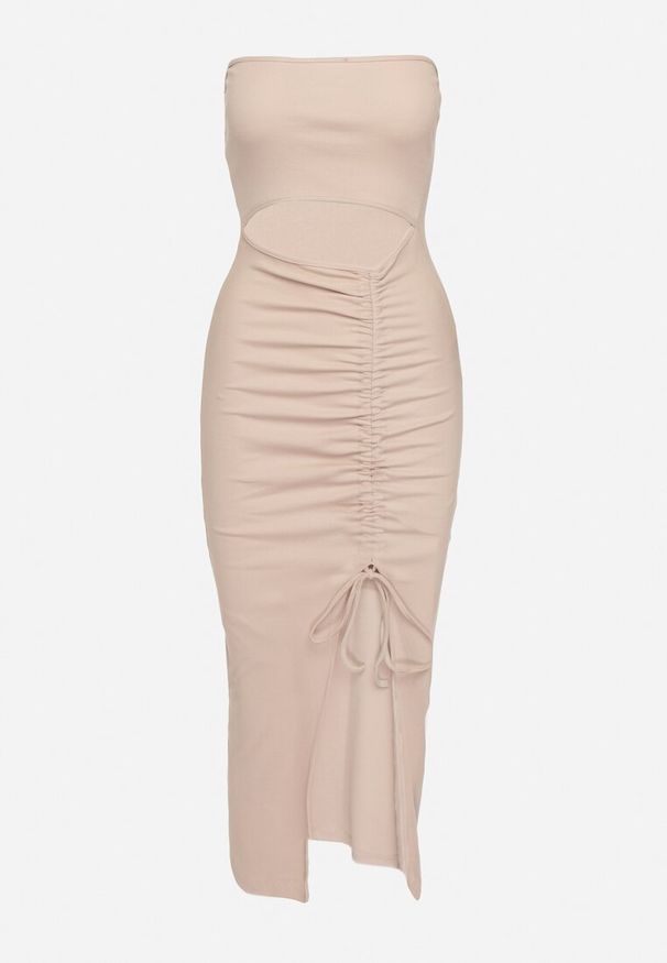 Born2be - Beżowa Bawełniana Sukienka Bandeau z Rozcięciem w Talii Vikiriea. Okazja: na imprezę, na plażę. Kolor: beżowy. Materiał: bawełna. Sezon: lato. Styl: klasyczny, elegancki