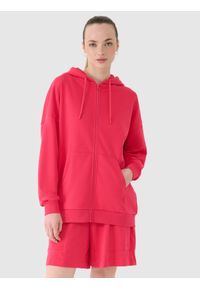 4f - 4F Bluza dresowa rozpinana z kapturem damska - różowa L. Okazja: na co dzień. Typ kołnierza: kaptur. Kolor: różowy. Materiał: dresówka. Wzór: ze splotem, gładki. Styl: sportowy, casual